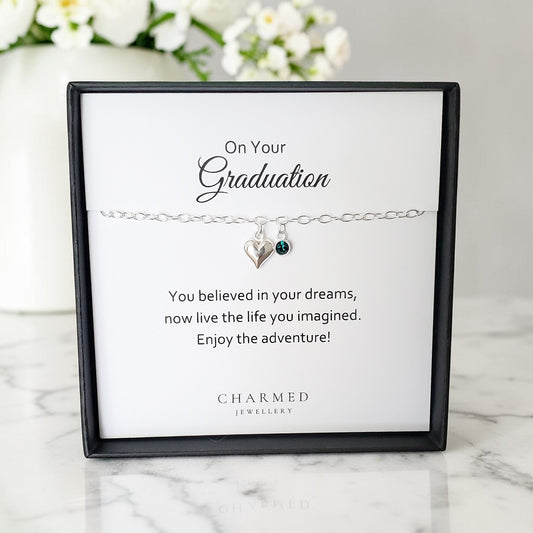 Graduation Gift | Puffy Heart Bracelet with Birthstone in Sterling Silver 925 | Personalised Jewellery