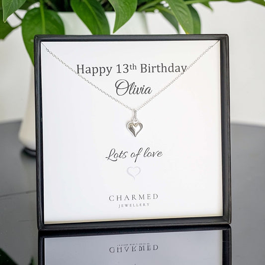 13th Birthday Puffy Heart Necklace in Sterling Silver 925 |Personalised Jewellery Gift