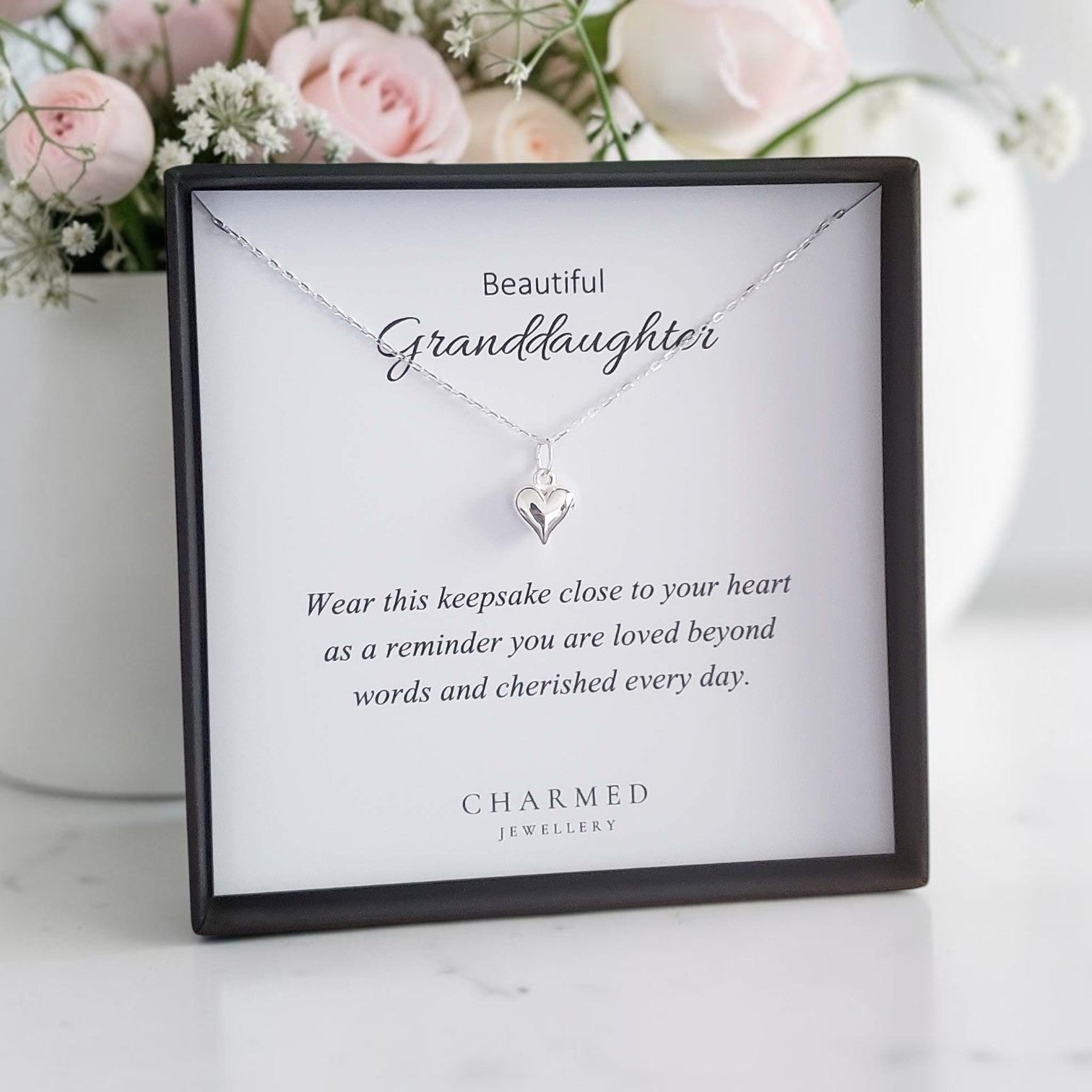 Granddaughter Gift | Puffy Heart Necklace in 925 Sterling Silver | Personalised Jewellery