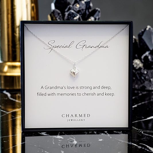 Special Grandma Puffy Heart Necklace | Sterling Silver 925 | Personalised Jewellery Gift