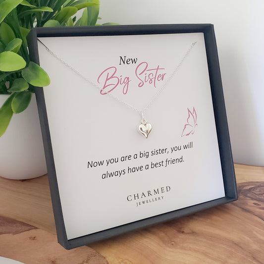 New Big Sister Gift, Puffy Heart Necklace in Sterling Silver 925 | Personalised Jewellery Gift