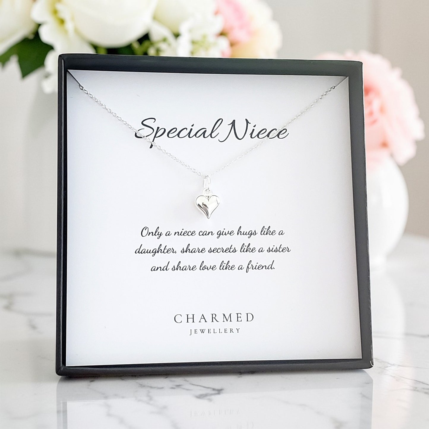 Niece Gift, Puffy Heart Necklace in Sterling Silver 925 | Personalised Jewellery Gift