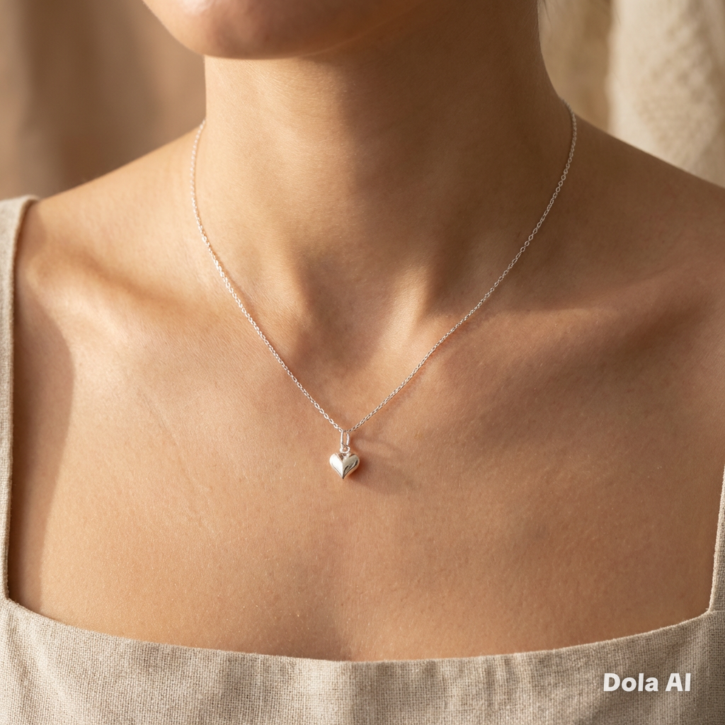 Puffy Heart Necklace in Sterling Silver 925 