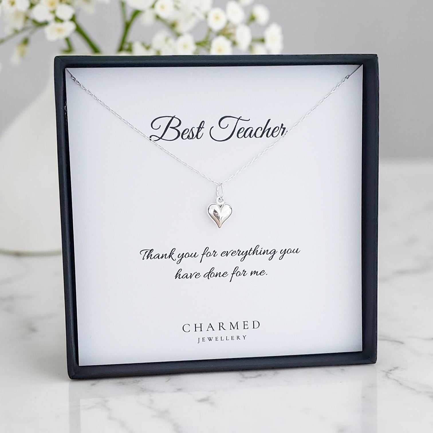 Teacher Gift | Puffy Heart Necklace in Sterling Silver 925 | Personalised Jewellery