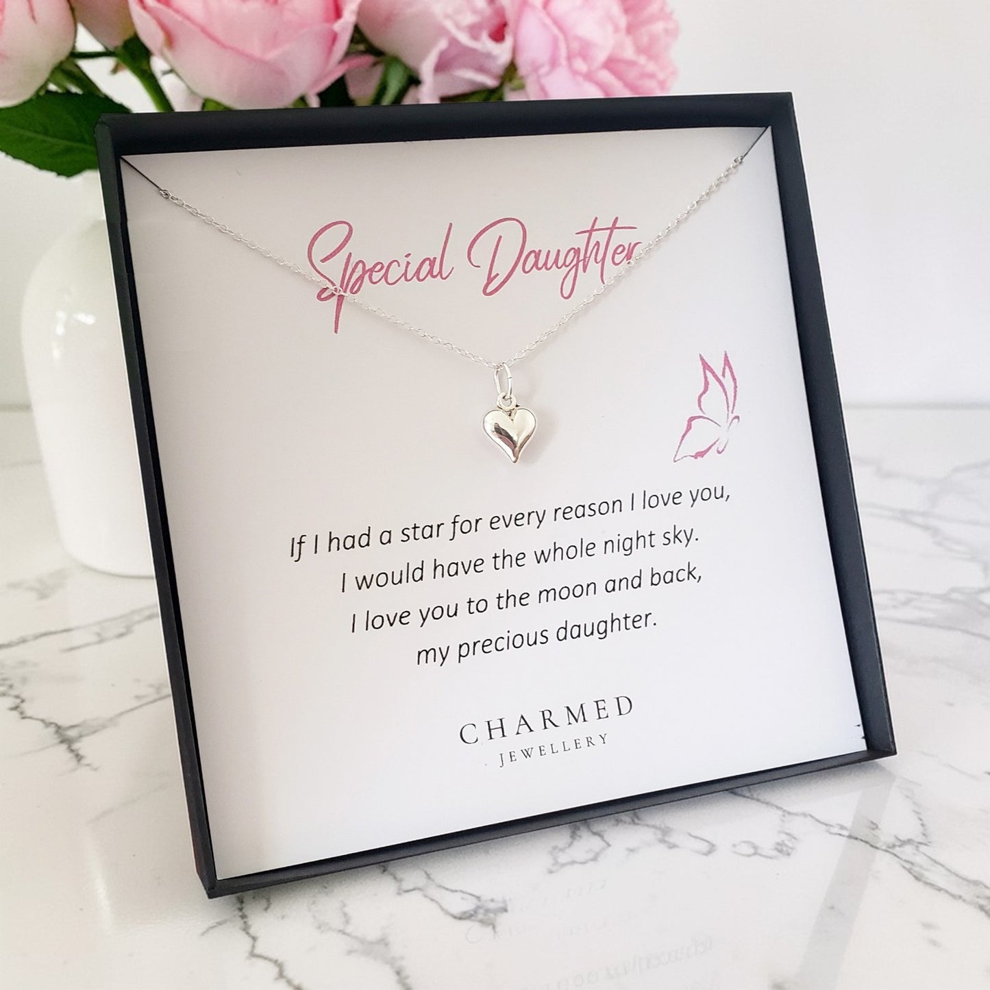 Daughter Gift Puffy Heart Necklace in Sterling Silver 925 | Personalised Jewellery Gift