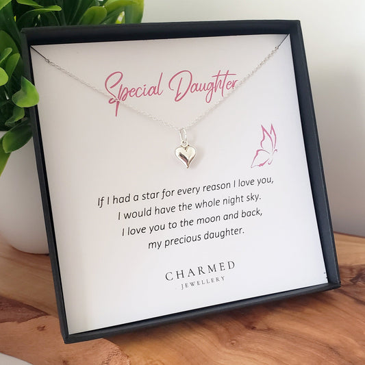 Daughter Gift Puffy Heart Necklace in Sterling Silver 925 | Personalised Jewellery Gift