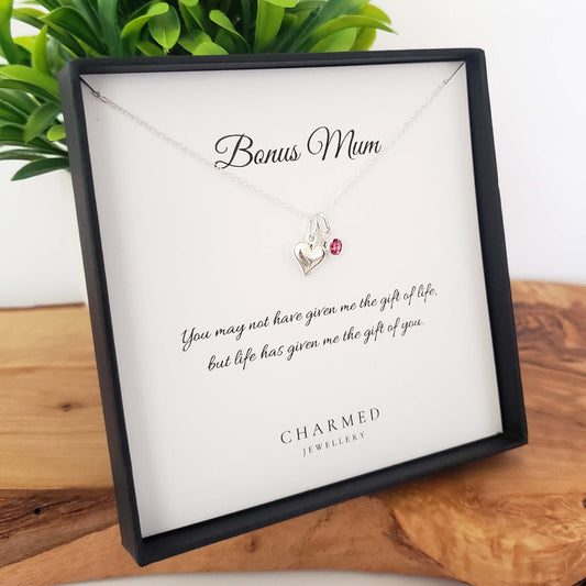 Bonus Mum Heart Necklace with Birthstone | Sterling Silver 925 | Personalised Jewellery Gift