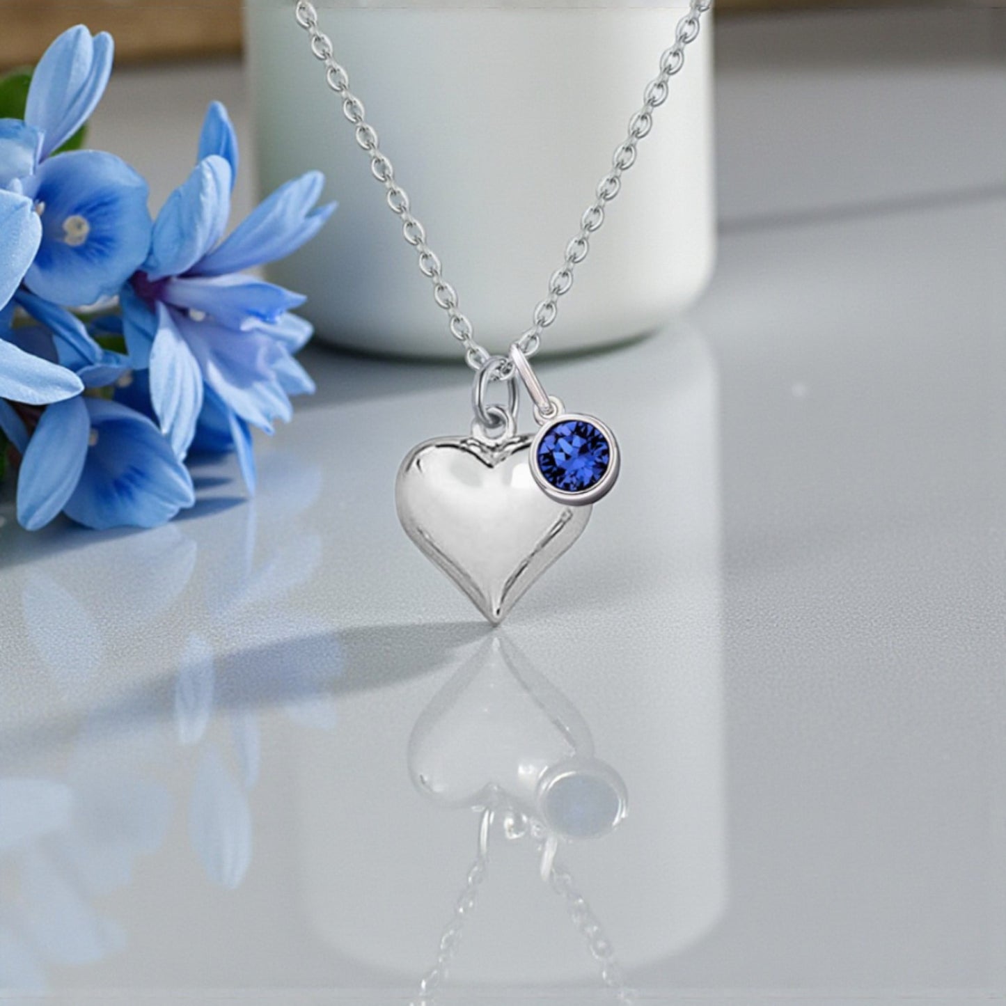 Puffy Heart Birthstone Necklace 925 Sterling Silver | Personalised Jewellery Gift