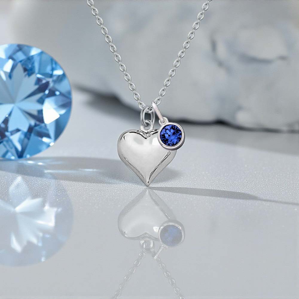 Puffy Heart Necklace with Crystal Birthstone Sterling Silver 925 | Personalised Jewellery