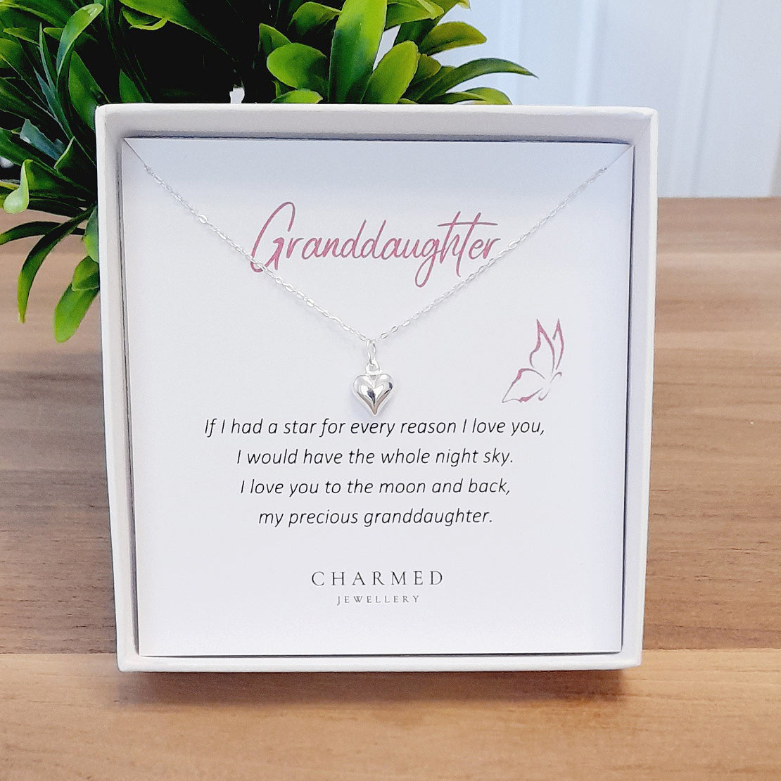 Granddaughter Puffy Heart Necklace in Sterling Silver 925 | Personalised Jewellery Gift