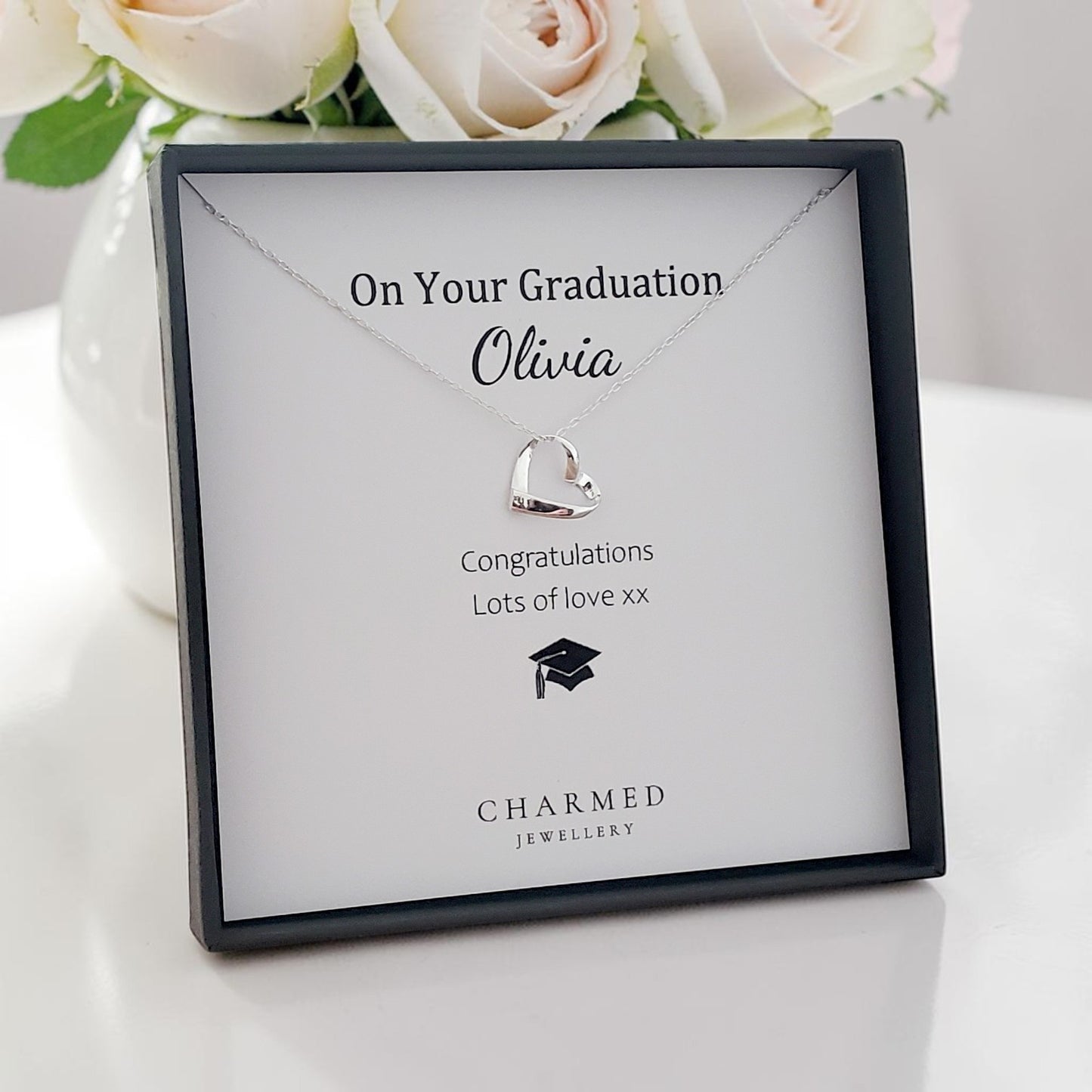 Graduation Gift | Ribbon Heart Necklace in Sterling Silver 925 | Personalised Jewellery