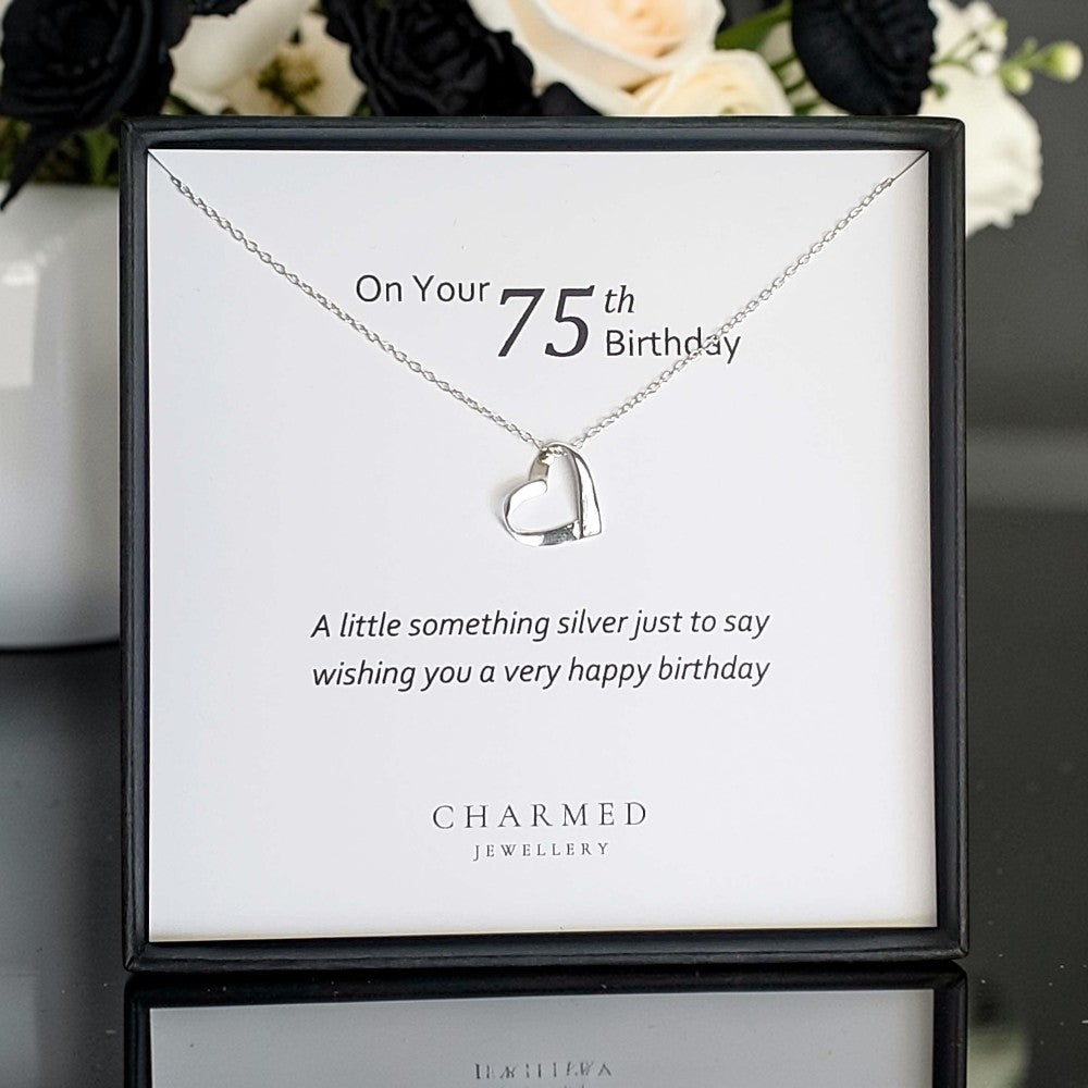 75th Birthday Ribbon Heart Necklace in Sterling Silver 925 | Personalised Jewellery Gift