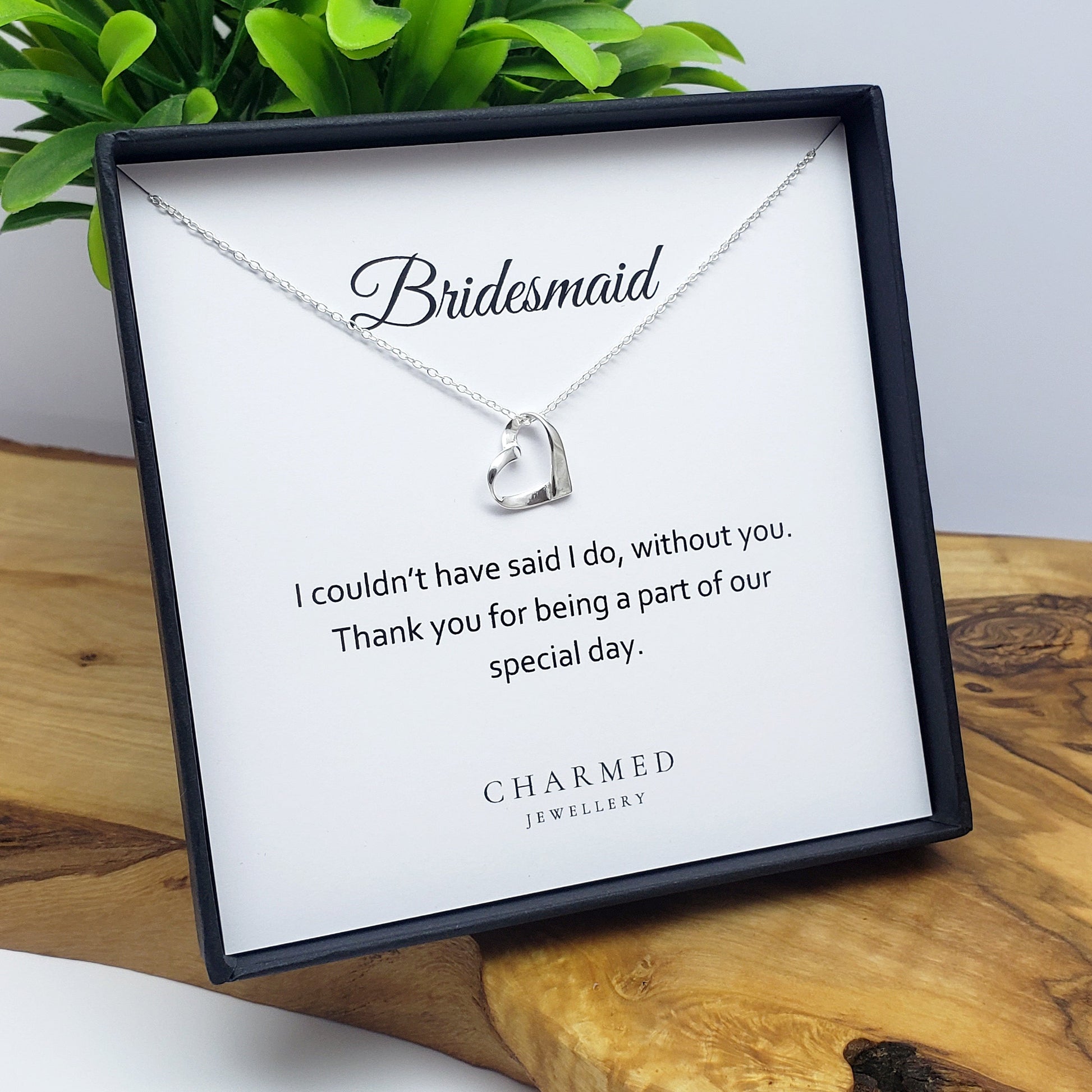 Bridesmaid Gift Ribbon Heart Necklace in Sterling Silver 925 | Personalised Jewellery Gift
