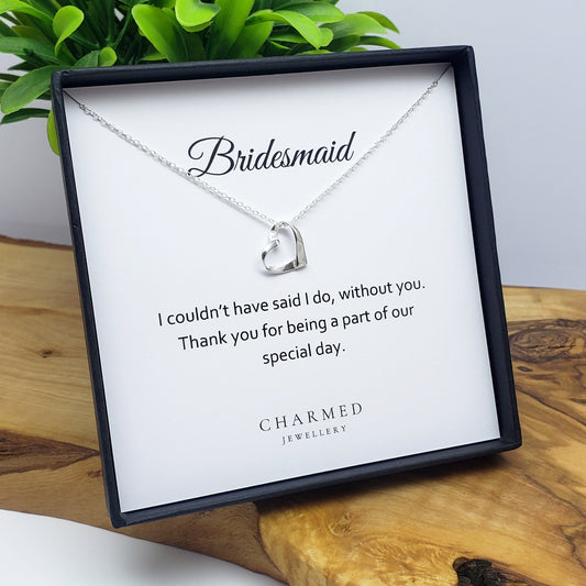 Bridesmaid Gift Ribbon Heart Necklace in Sterling Silver 925 | Personalised Jewellery Gift