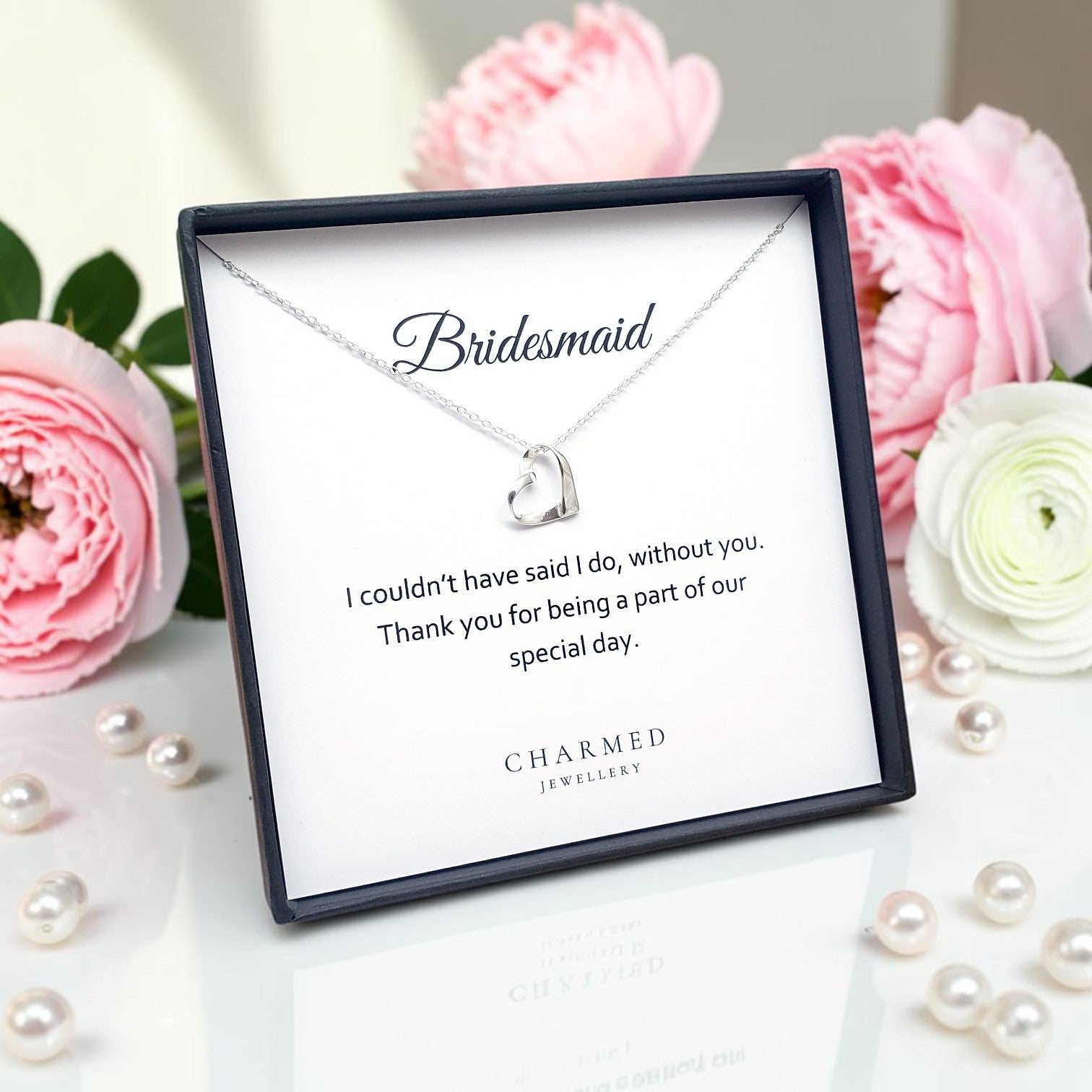Bridesmaid Gift Ribbon Heart Necklace in Sterling Silver 925 | Personalised Jewellery Gift