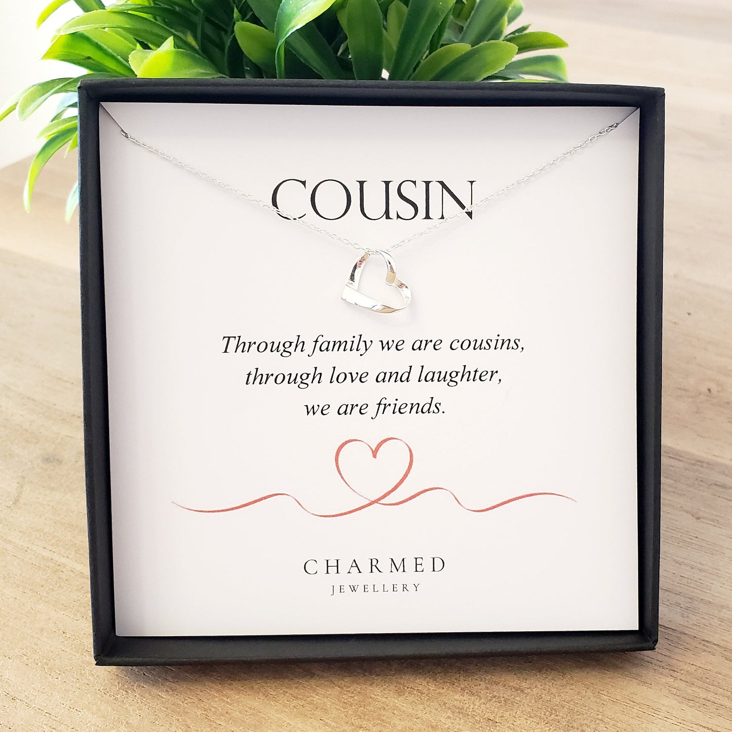 Cousin Ribbon Heart Necklace | 925 Sterling Silver | Personalised Jewellery Gift