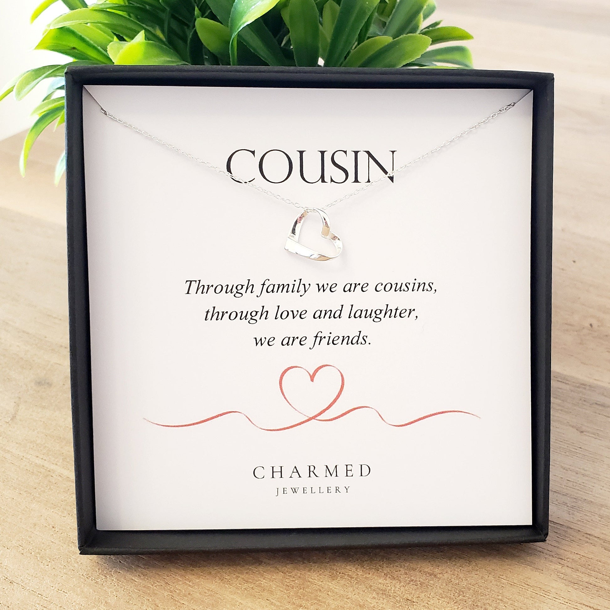 Cousin Ribbon Heart Necklace | 925 Sterling Silver | Personalised Jewellery Gift