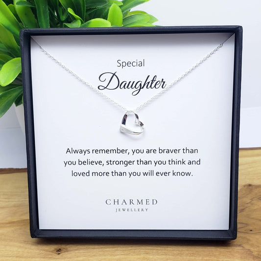 Daughter Ribbon Heart Necklace in Sterling Silver 925 | Personalised Jewellery Gift