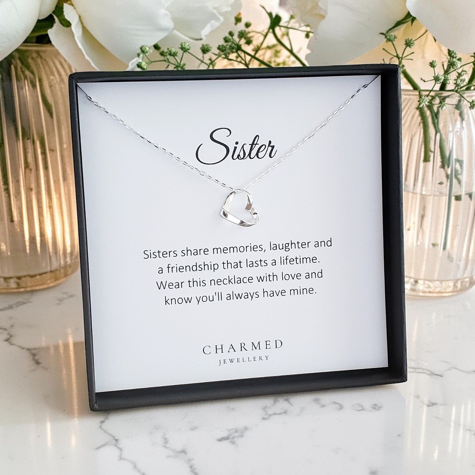 Sister Gift | Ribbon Heart Necklace in Sterling Silver 925 | Personalised Jewellery
