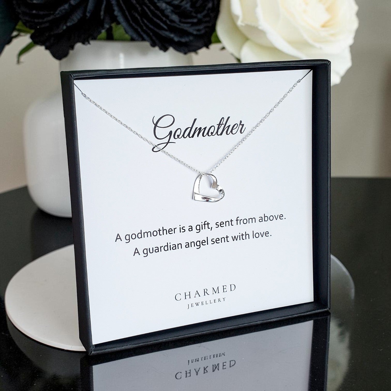 Godmother Ribbon Heart Necklace in Sterling Silver 925 | Personalised Jewellery Gift