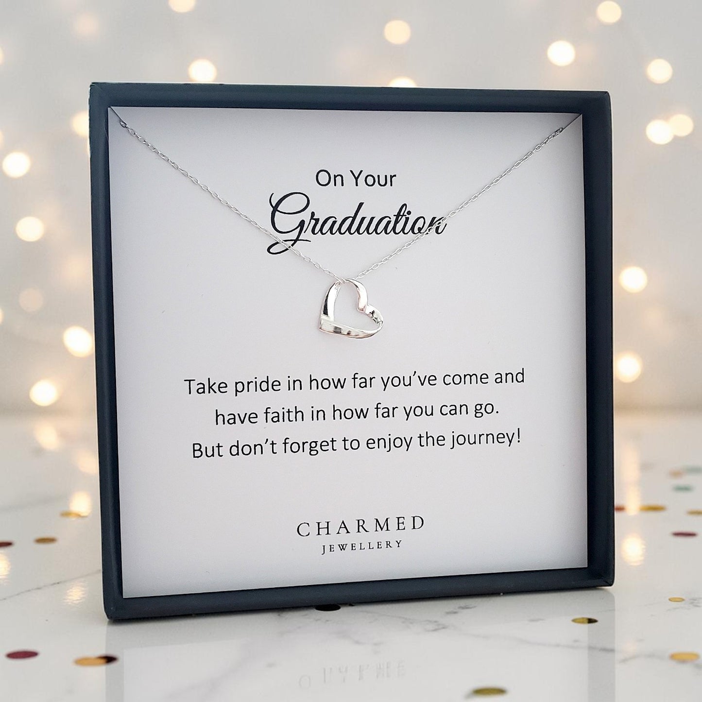 Graduation Gift Ribbon Heart Necklace in Sterling Silver 925 | Message Card Jewellery