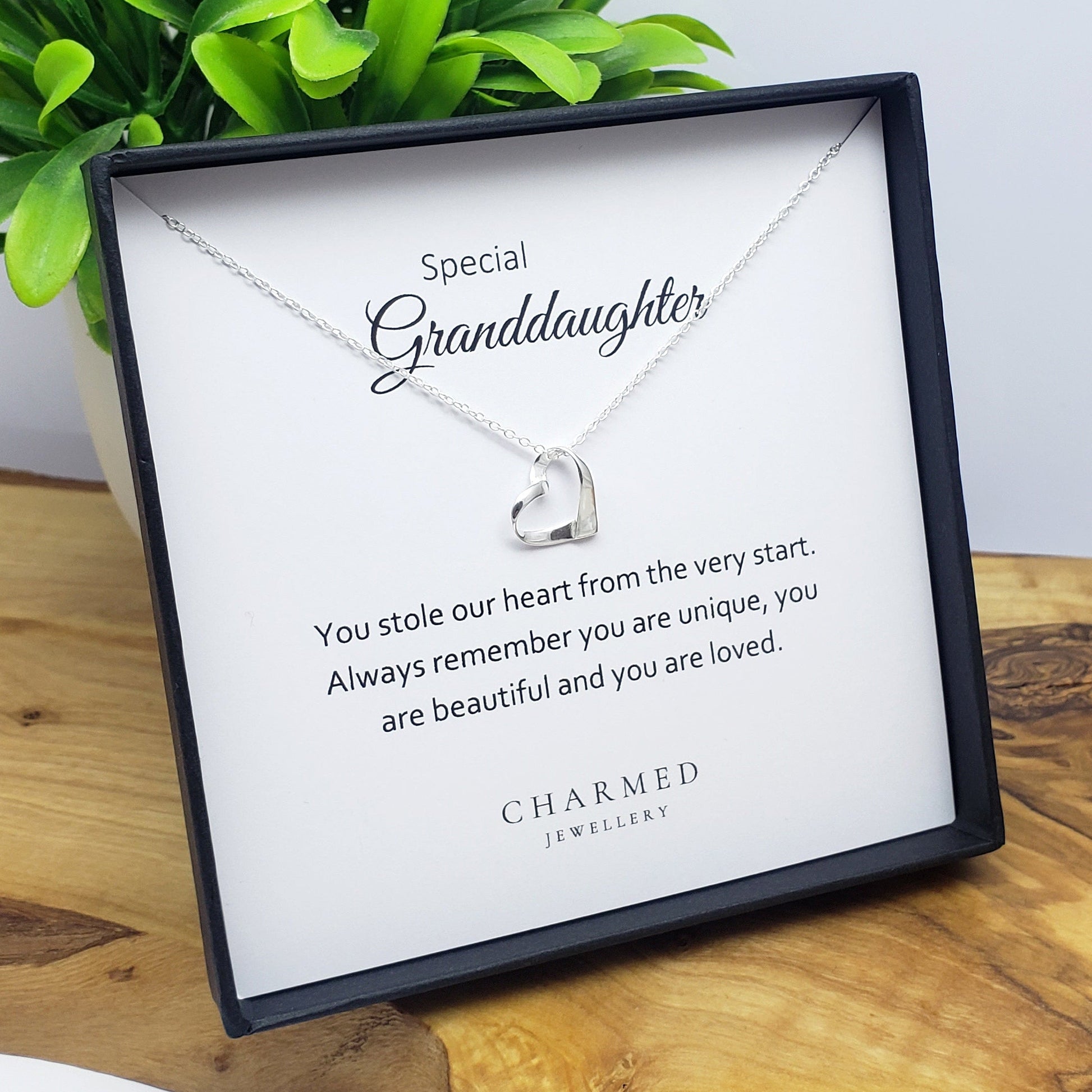 Granddaughter Gift Ribbon Heart Necklace in Sterling Silver 925 | Personalised Jewellery Gift