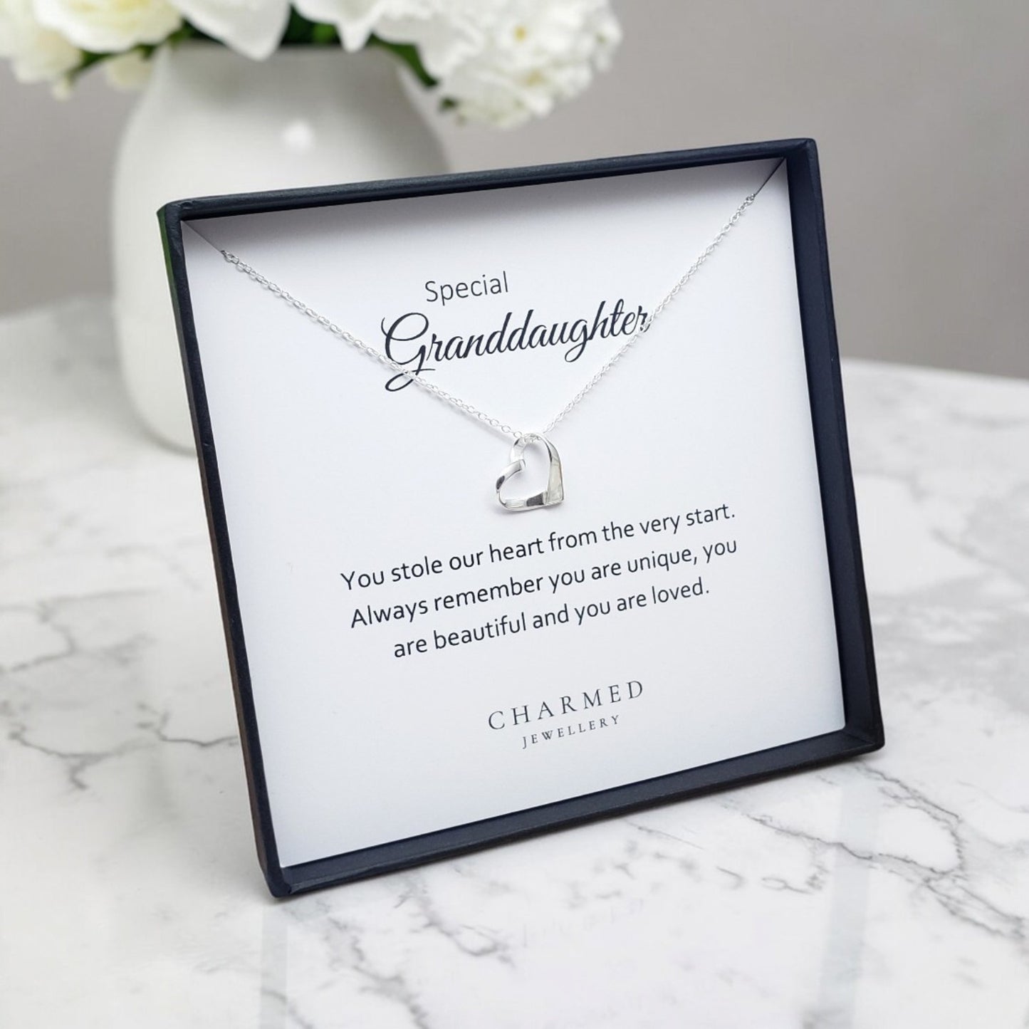 Granddaughter Gift Ribbon Heart Necklace in Sterling Silver 925 | Personalised Jewellery Gift