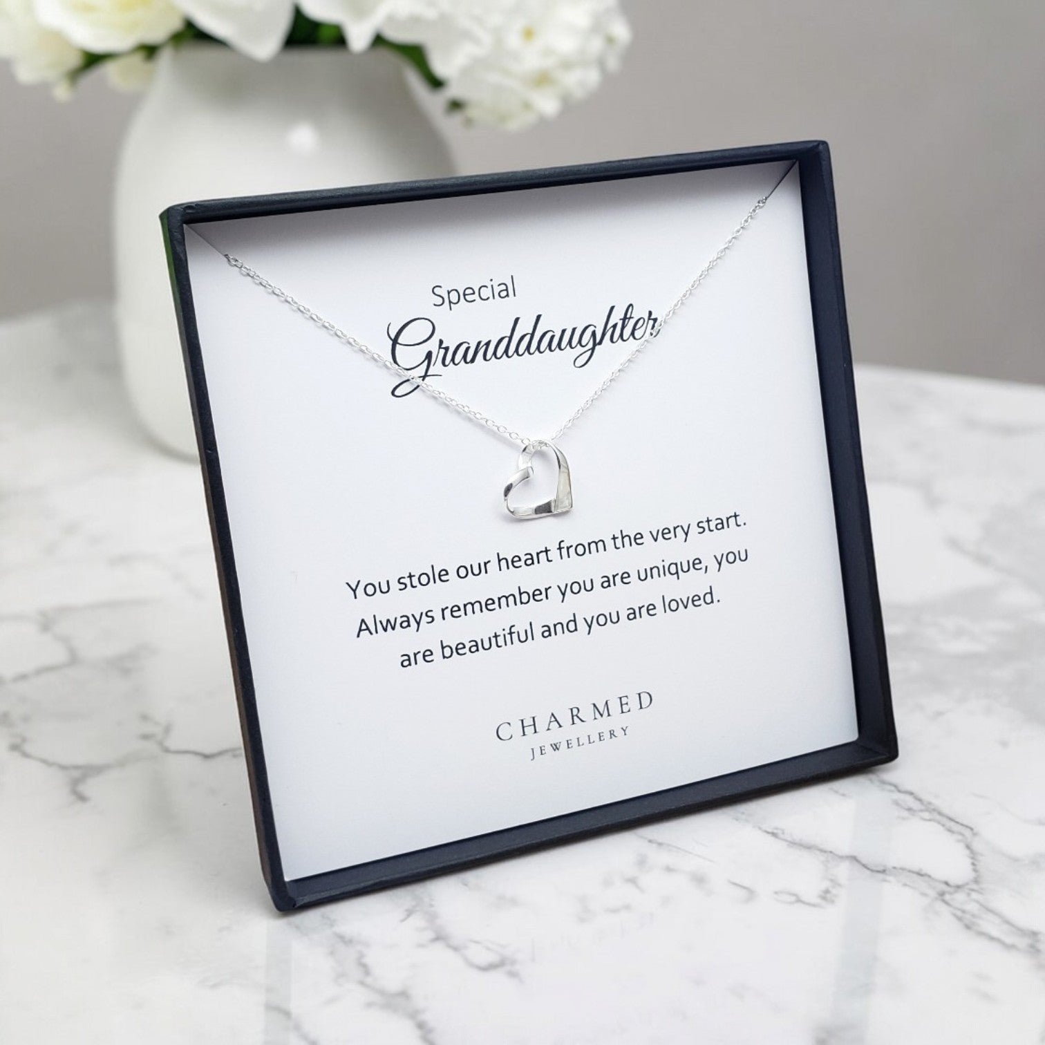 Granddaughter Gift Ribbon Heart Necklace in Sterling Silver 925 | Personalised Jewellery Gift