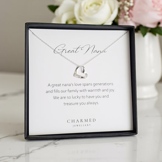 Great Nana Ribbon Heart Necklace | Sterling Silver 925 | Personalised Jewellery Gift