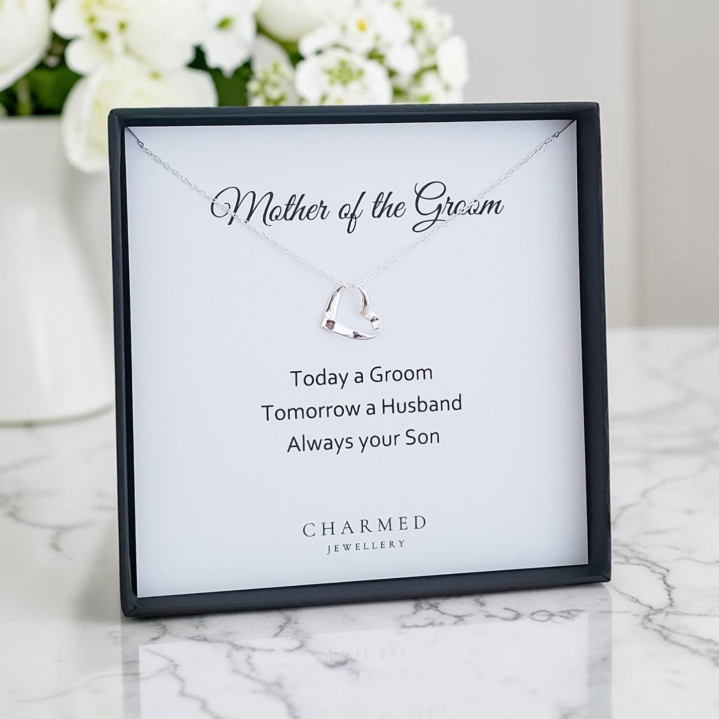 Mother of the Groom Ribbon Heart Necklace in Sterling Silver 925 | Personalised Jewellery Gift