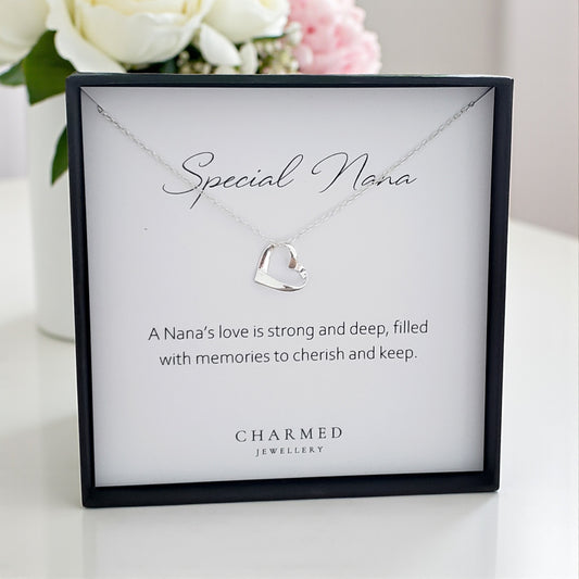 Nana Ribbon Heart Necklace in Sterling Silver 925 | Personalised Jewellery Gift