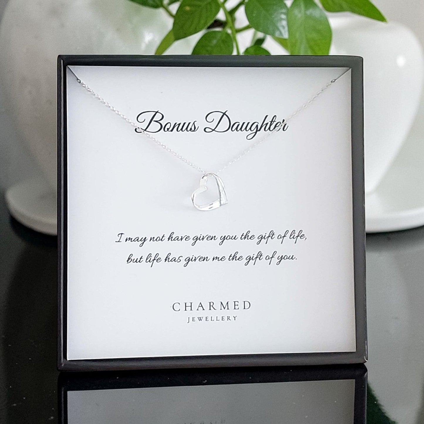 Bonus Daughter Ribbon Heart Necklace in Sterling Silver 925 | Personalised Jewellery Gift