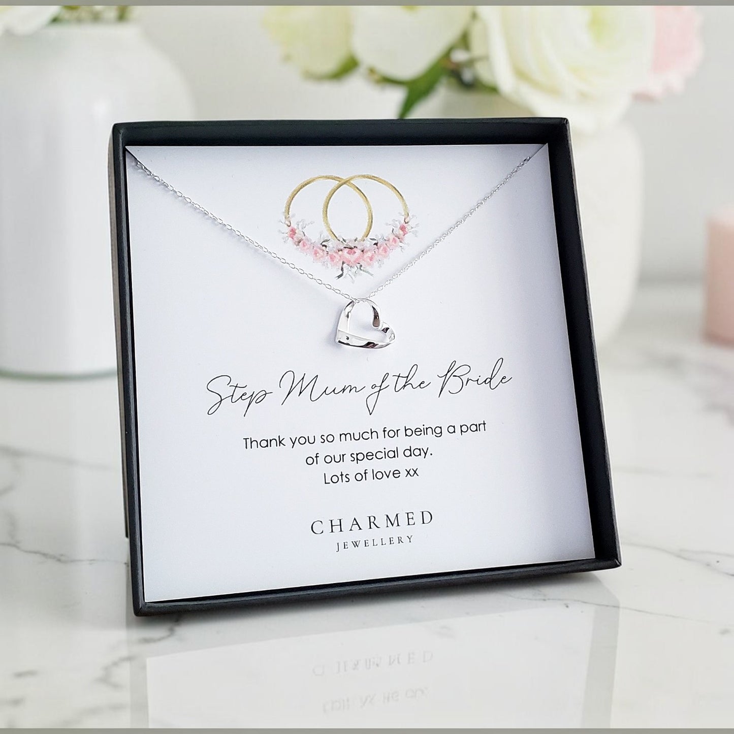 Step Mum of the Bride Gift Ribbon Heart Necklace in Sterling Silver 925 | Personalised Jewellery Wedding Gift