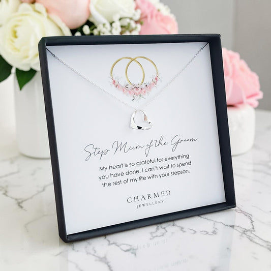 Step Mum of the Groom Gift | Ribbon Heart Necklace in Sterling Silver 925 | Personalised Jewellery Wedding Gift