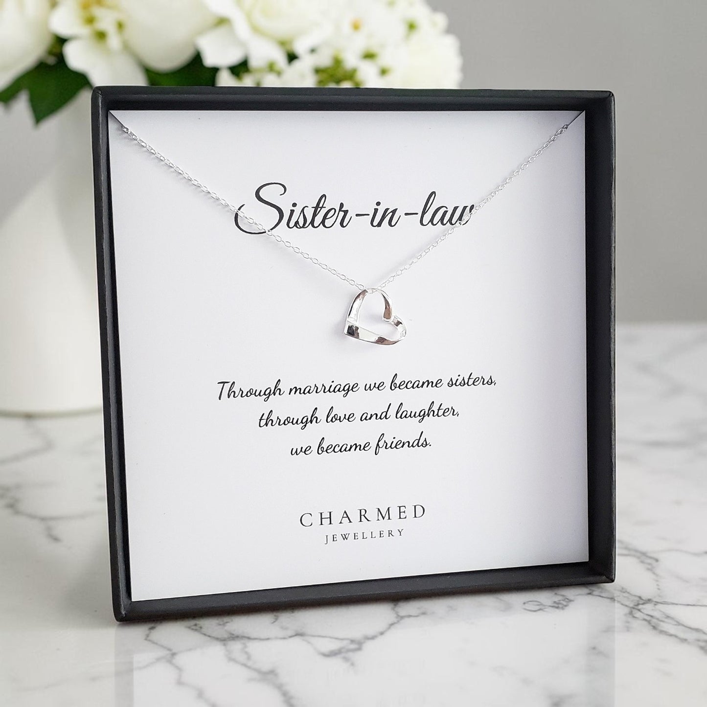 Sister-in-Law Ribbon Heart Necklace in Sterling Silver 925 | Personalised Jewellery Gift