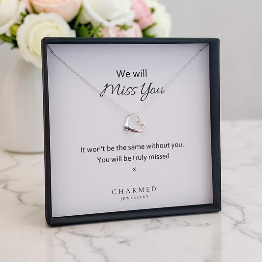 We Will Miss You Gift | Ribbon Heart Necklace in Sterling Silver 925 | Personalised Jewellery