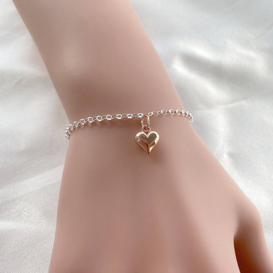 Mum Rose Gold Puffy Heart Bracelet in Sterling Silver 925, Personalised Jewellery Gift