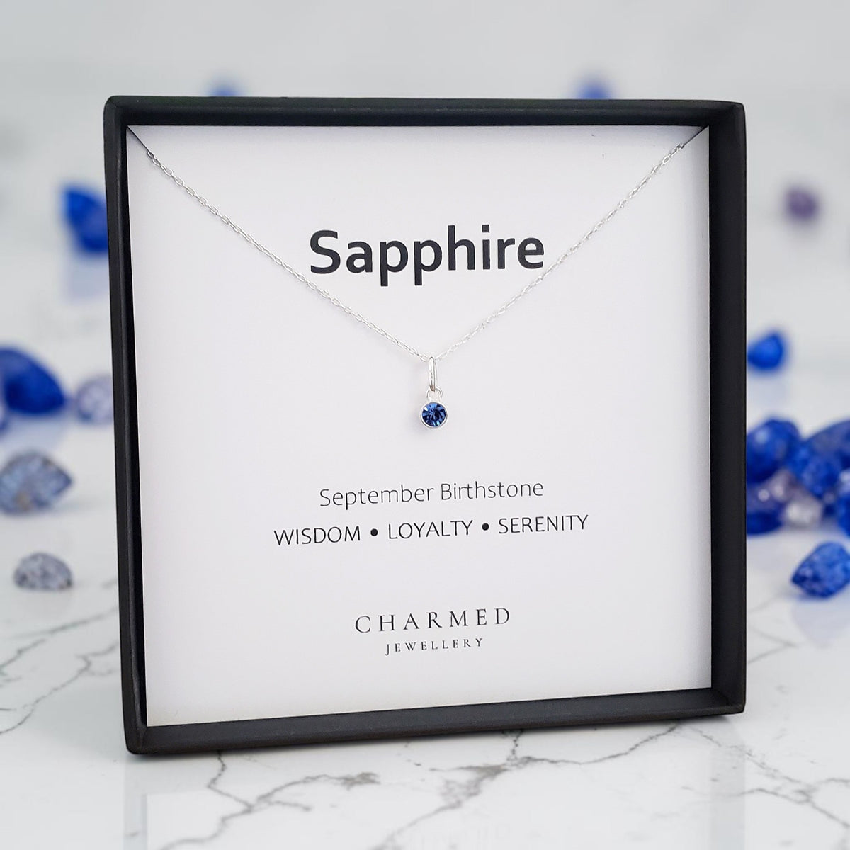 Sapphire Birthstone Necklace in Sterling Silver on personalised September message card