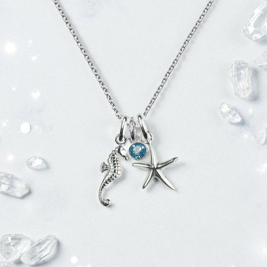 Starfish & Seahorse Birthstone Necklace Sterling Silver 925 – Personalised Jewellery Gift
