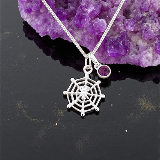 Spider on a Web with Crystal Birthstone Necklace | 925 Sterling Silver Gothic Jewellery