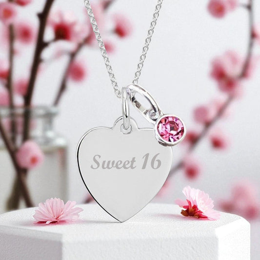 Sweet 16 Engraved Necklace with Birthstone in Sterling Silver 925 | Personalised Jewellery Gift