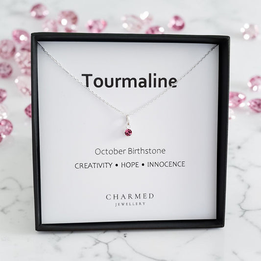 Tourmaline Birthstone Necklace in Sterling Silver on October birthstone traits card
