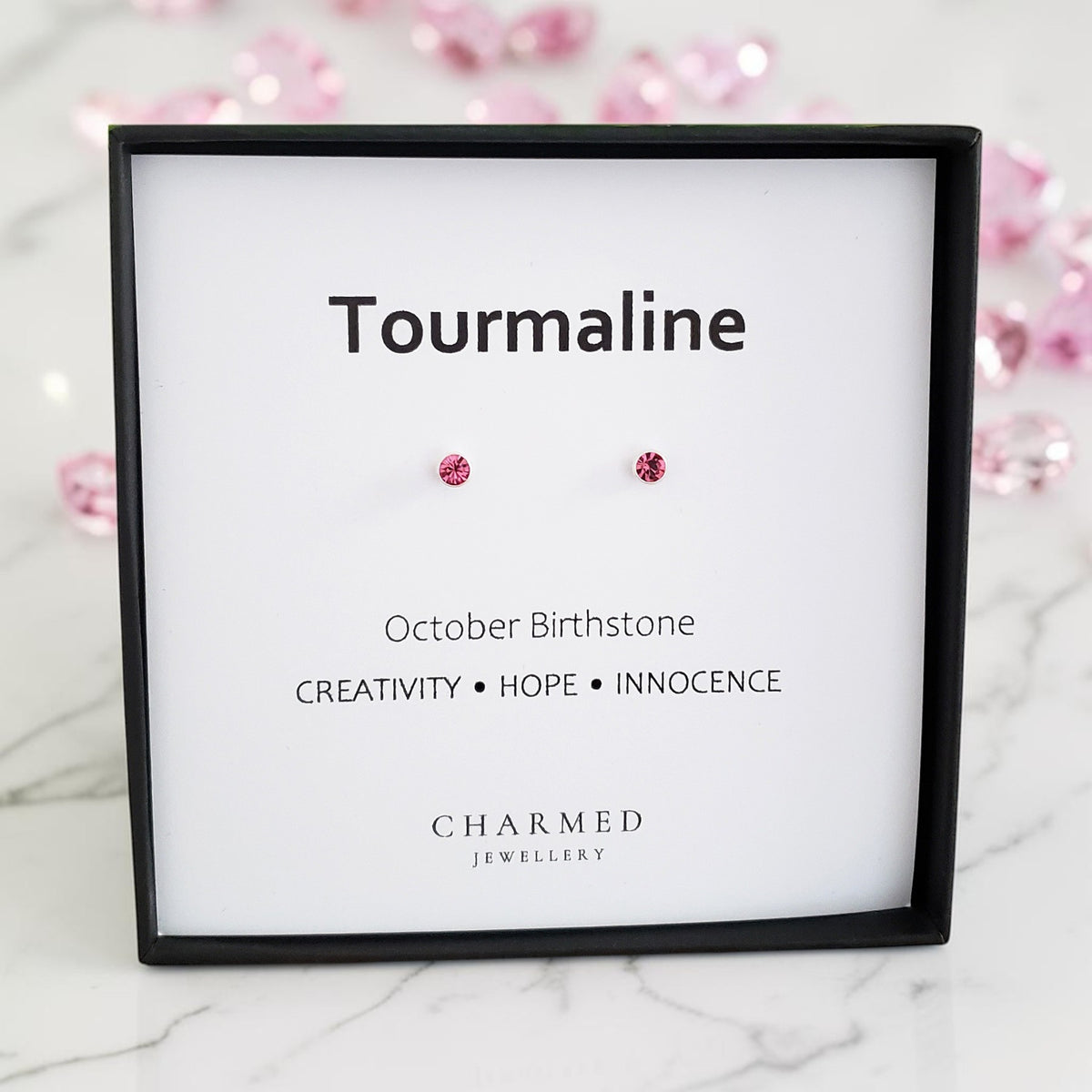 Tourmaline Birthstone Stud Earrings in Sterling Silver on October birthstone traits card