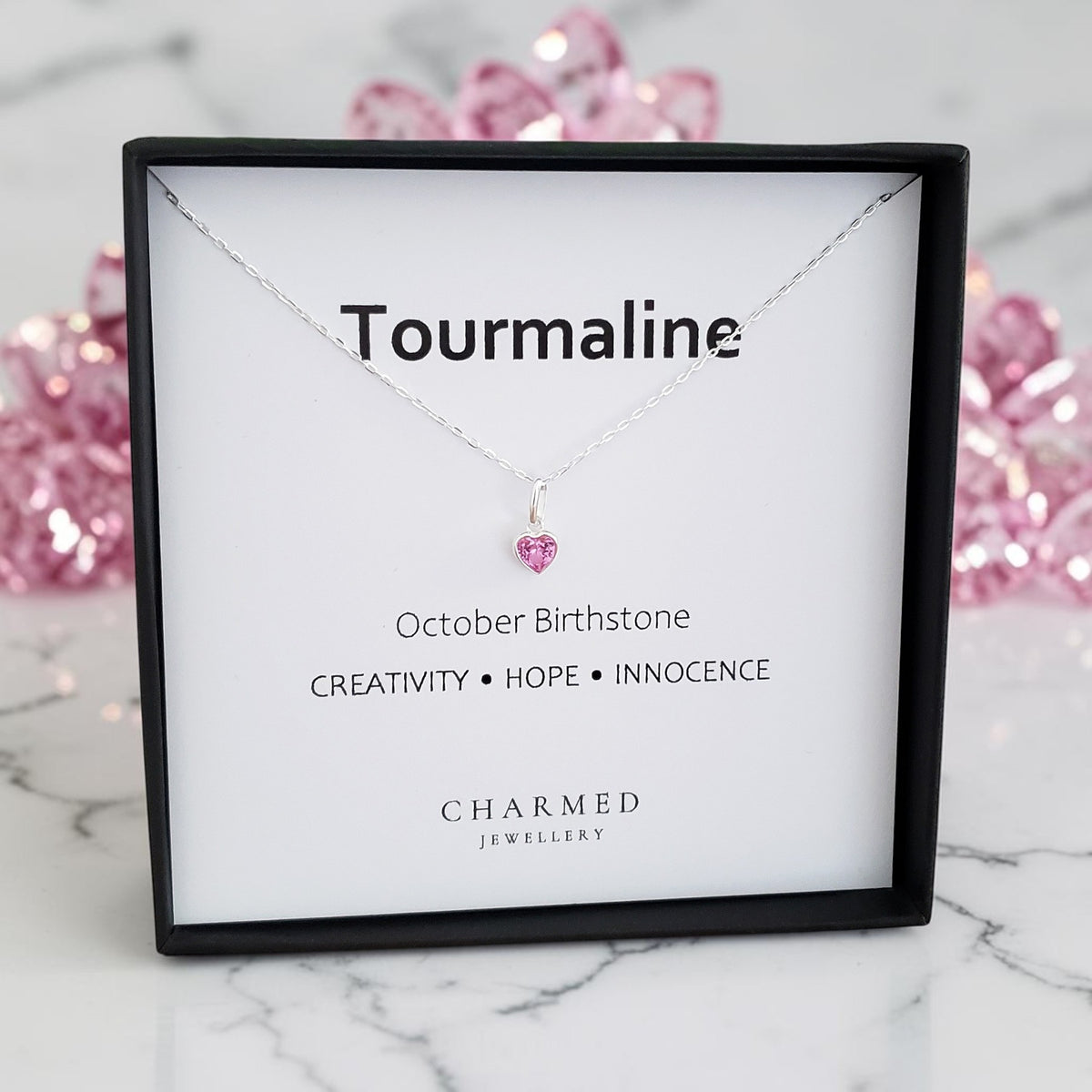Tourmaline Heart Birthstone Necklace in Sterling Silver on October birthstone traits card