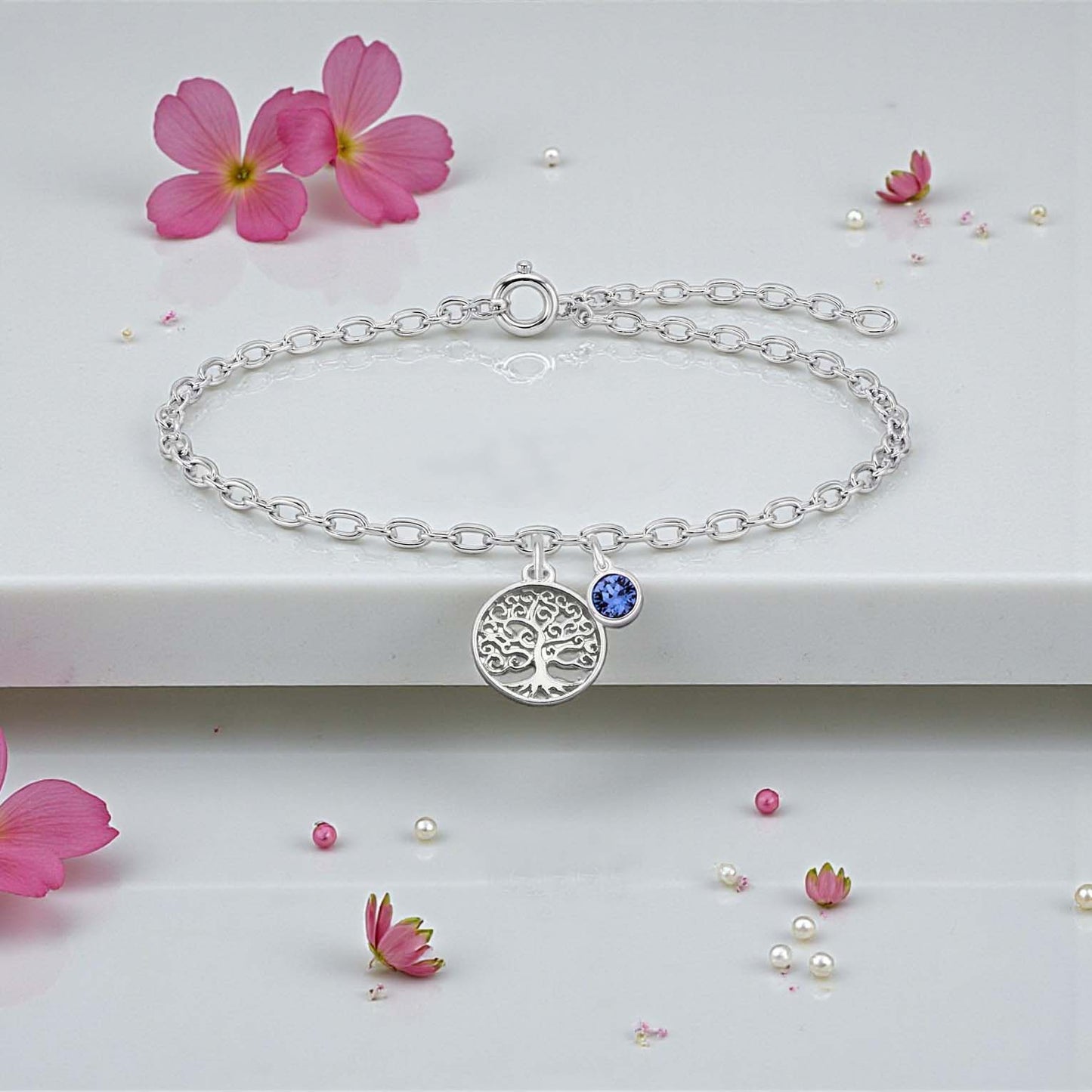 Tree of Life Bracelet with Crystal Birthstone | Sterling Silver 925 | Personalised Jewellery Gift