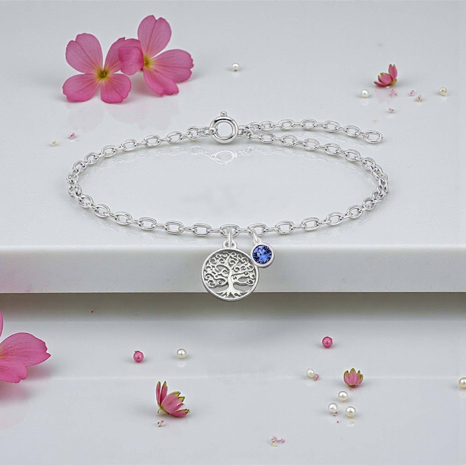 Tree of Life Bracelet with Crystal Birthstone | Sterling Silver 925 | Personalised Jewellery Gift