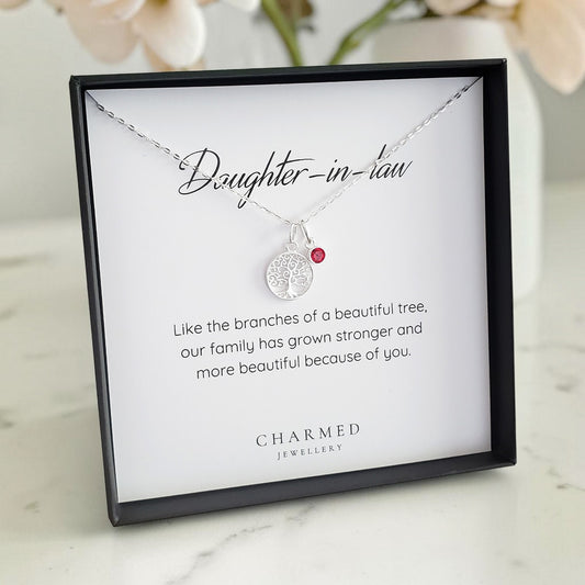 Daughter-in-Law Tree of Life Birthstone Necklace in Sterling Silver 925 | Personalised Jewellery Gift