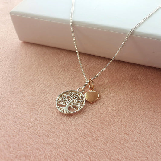 Tree of Life Rose Gold Heart Necklace 925 Sterling Silver, Personalised Jewellery