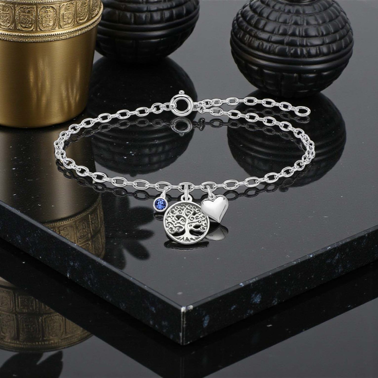 Tree of Life Bracelet with Puffy Heart & Birthstone | Sterling Silver 925 | Personalised Jewellery Gift