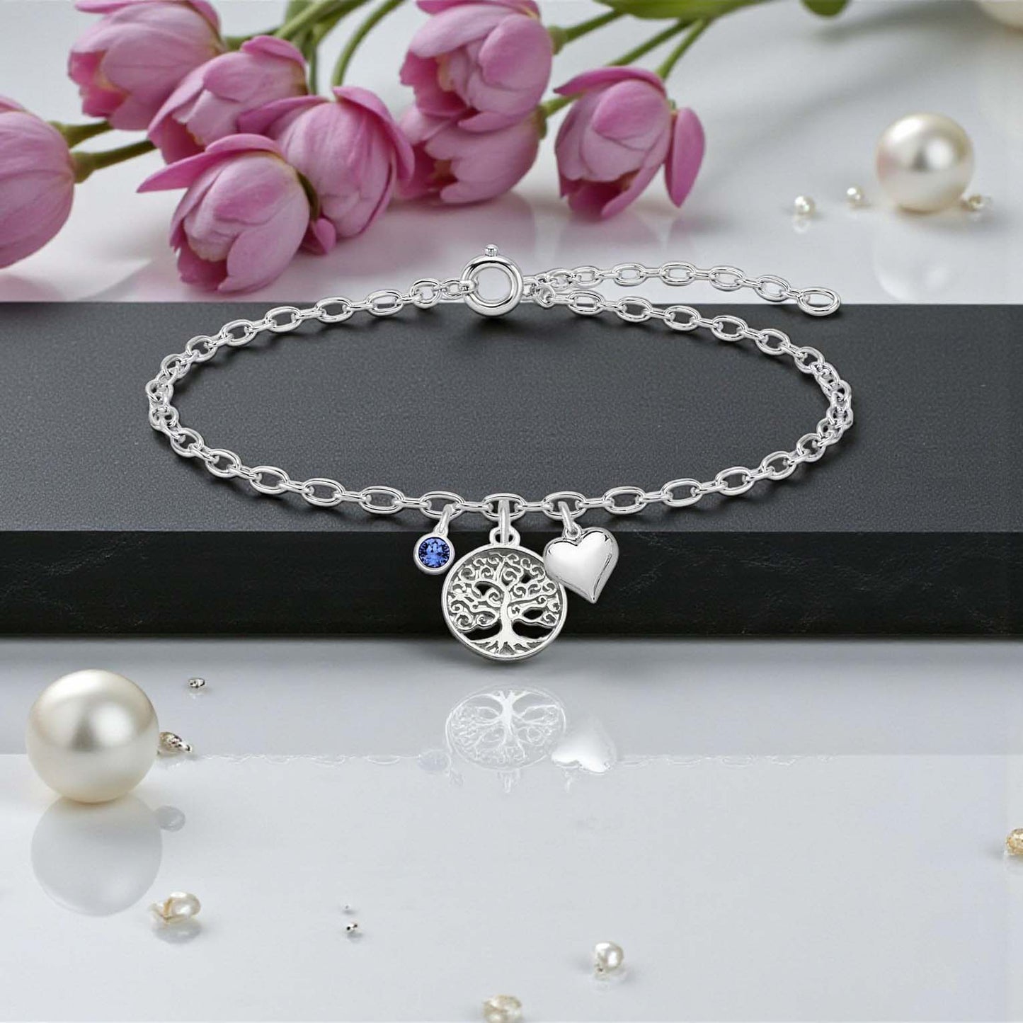 Tree of Life Bracelet with Puffy Heart & Birthstone | Sterling Silver 925 | Personalised Jewellery Gift